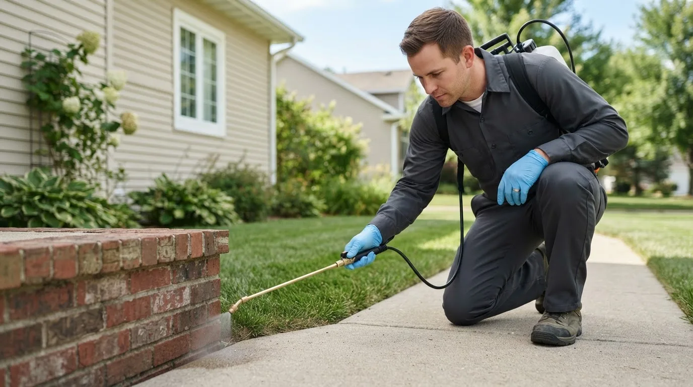 Pest control technician treating a home near Mcadenville, NC