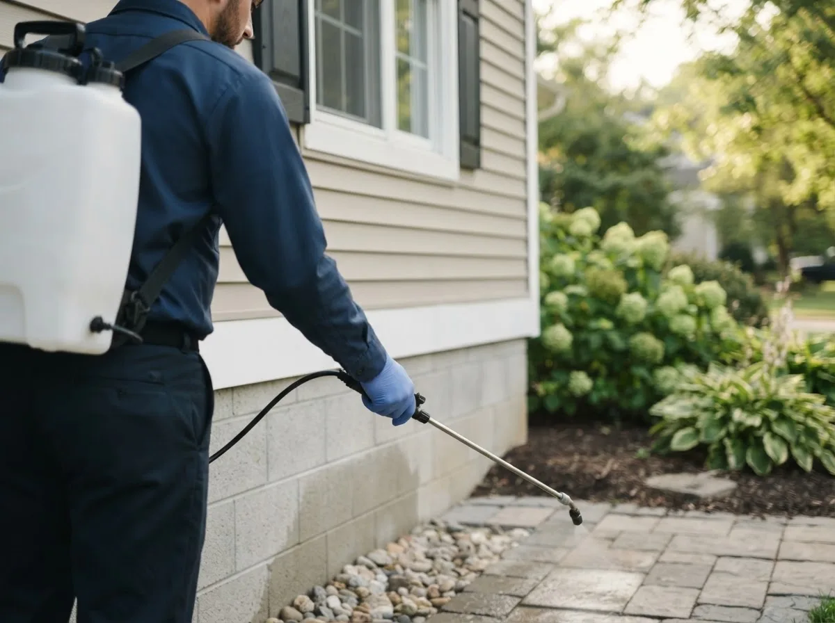 Pest control technician inspecting a home in Mcadenville, NC